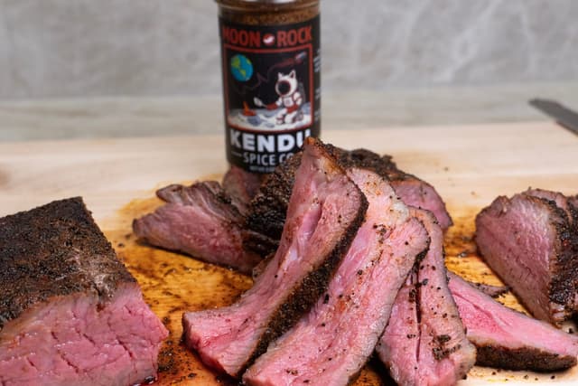 Smoked and seared tri tip with perfect crust, sliced medium-rare — Santa Maria style